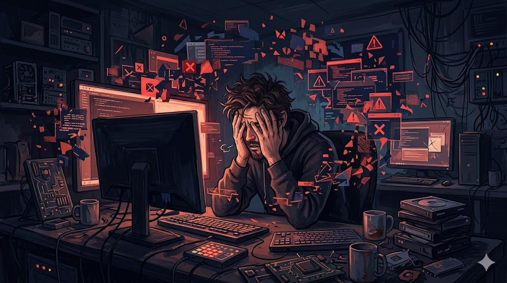 Frustrated developer dealing with bugs